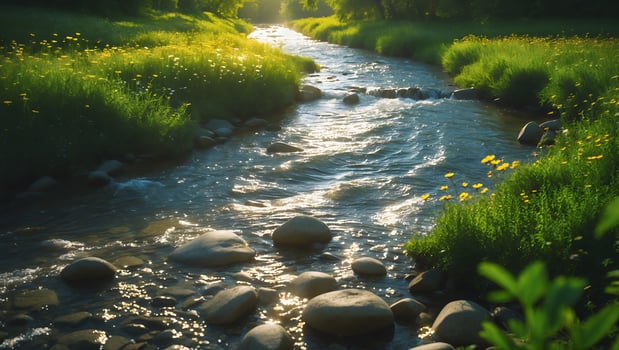 Flowing River in Grassy Meadow with Sunlight and Smooth Rocks photo