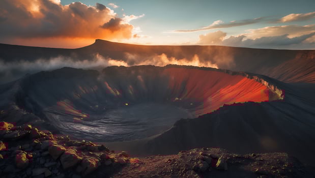 Volcanic Crater Landscape with Red Hot Lava Glow at Sunset photo
