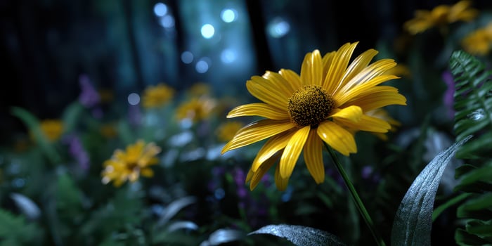 Bright yellow flower blooms in a lush forest under soft ambient light during twilight hours photo