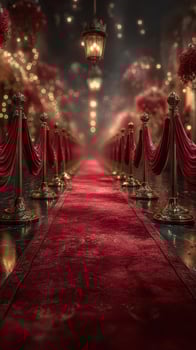 Elegant red carpet lined with golden stanchions leads to a beautifully decorated venue at night photo