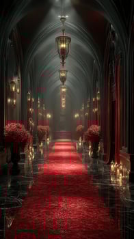 Elegant corridor adorned with red flowers and candles in a mysterious setting during twilight photo