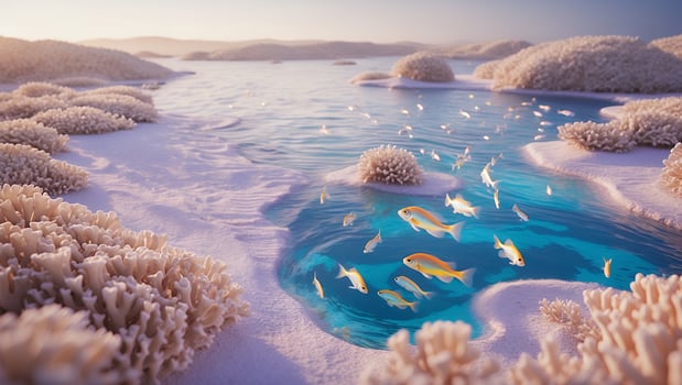 School of Fish Swimming in Clear Water Near White Sand Shore photo