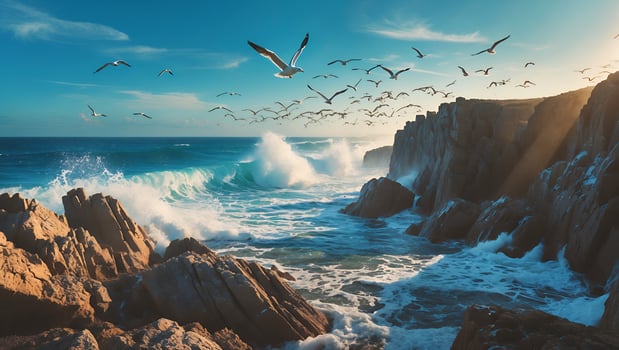 Ocean Waves Crashing on Rocky Coastline with Birds Flying Above photo