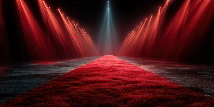 Red illuminated runway with bright lights creating a dramatic atmosphere for a fashion event photo
