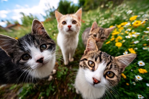 Group of cats staring into camera, low angle shot, surrounded by flowers, natural light, cozy peaceful vibe photo