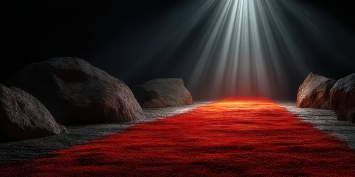 Illuminated red carpet leading through rocky terrain in a dark environment with beams of light piercing through photo
