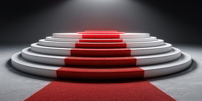 Red carpet steps in a spotlight setting ideal for awards ceremonies or events showcasing achievements photo