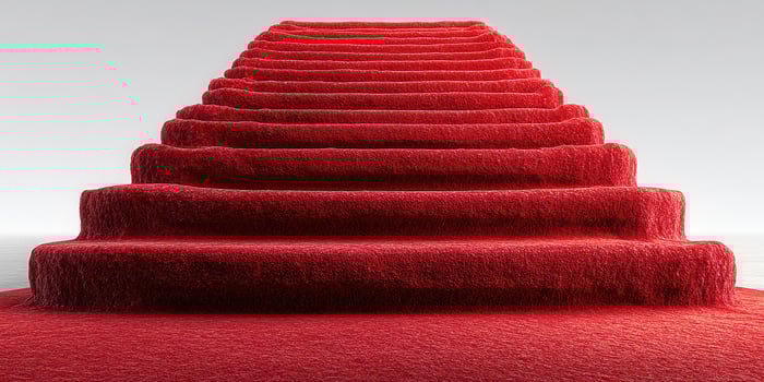 Unique red carpet staircase leads to a stunning minimalist space with a calm atmosphere and soft lighting photo