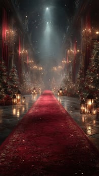 Grand holiday celebration taking place in an elegant hall decorated with Christmas trees and lights photo