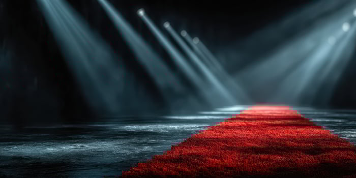 Spotlights shine on a vibrant red carpet set for an exciting event in a dimly lit venue photo