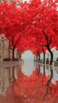Vibrant red trees line tranquil pathway beside calm water in autumn setting at city park photo