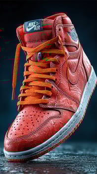 Bright red basketball sneakers on display with detailed leather texture in a dark setting photo