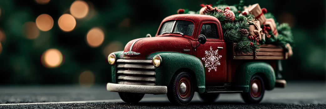 Vintage pickup truck adorned with Christmas decorations drives through festive lights at holiday season photo