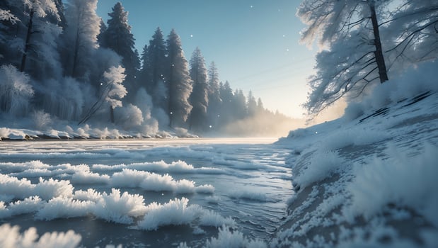 Icy River Flowing Through Snowy Winter Forest at Sunrise photo