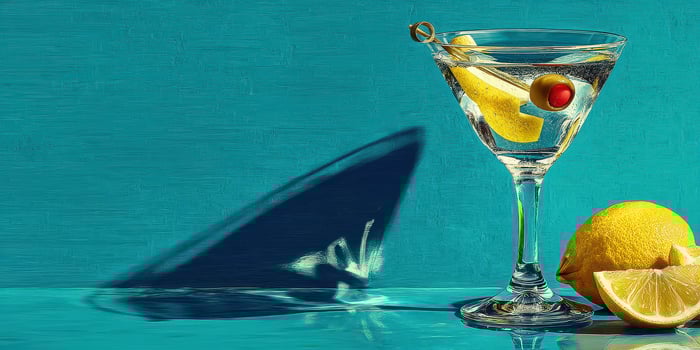 Refreshing cocktail served in an elegant glass with citrus fruit on a bright blue background photo