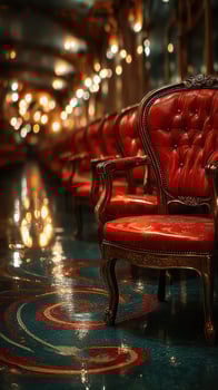 Elegant red chairs lined up in a luxurious hall with warm lighting at night photo