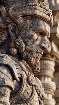 Carved stone figure depicting a historical warrior outside a temple in India during sunset photo