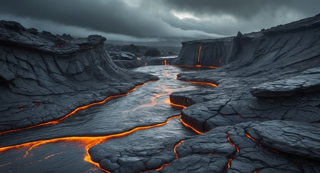 Volcanic River Landscape Under a Cloudy Sky. A Contrast of Fire and Ice, Natures Fury. photo