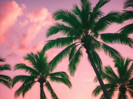 Tropical Paradise. Palm Trees Silhouetted Against a Vibrant Pink Sunset Sky. photo