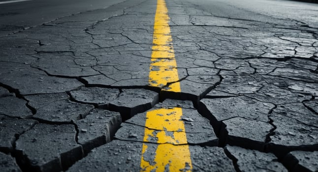 Cracked Asphalt Road with Yellow Line. A Symbol of Deterioration and Infrastructure Decay photo