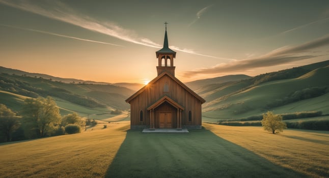 Serene Chapel at Sunset. A Peaceful Vista of Faith and Natures Beauty, Pastoral Scene. photo