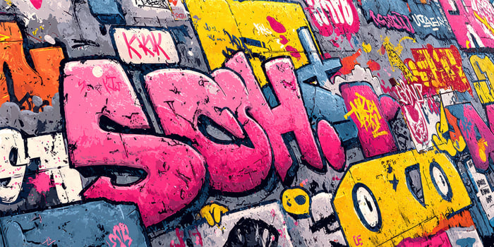 Colorful urban graffiti art showcasing bold designs and vibrant colors on a city wall in a lively neighborhood photo