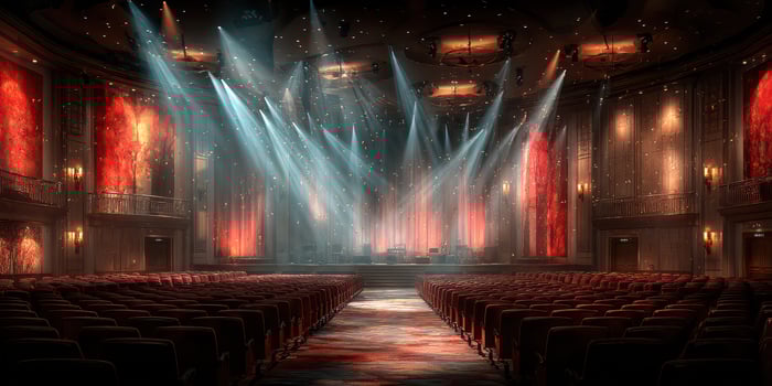 Elegant theater interior with spotlight and red drapes set for a live performance in the evening photo