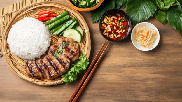 Asian cuisine Grilled beef with rice and vegetables displayed on a wooden table, ready for consumption photo