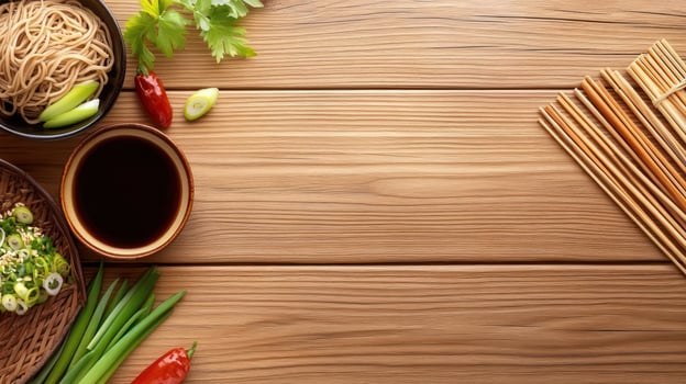 Asian noodles with sauce served on wood. Perfect for food blog, restaurant promotion photo
