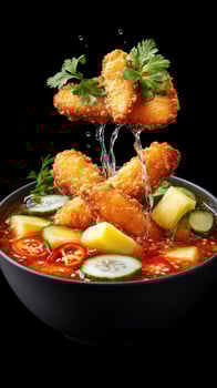 Asian soup with crispy tofu, cucumber and pineapple pieces splashing on black background. Food photography photo