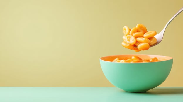 Beans in a Bowl Spoonful lifted up in the kitchen for cooking food photo