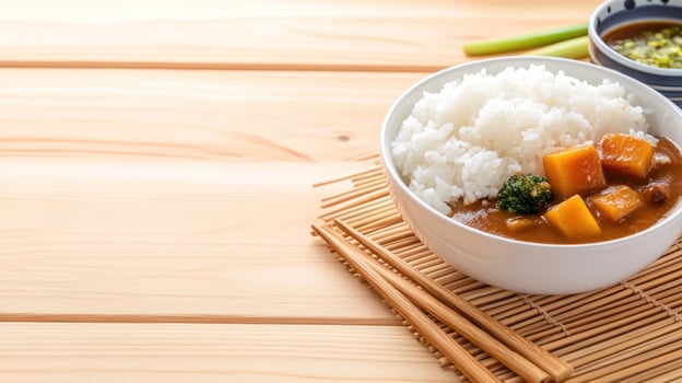 Bowl of curry rice on a mat. Warm lunch on wood background. Possible food blog or menu use photo