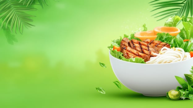 Bowl of fresh salad with grilled meat served against a green background, for healthy eating photo