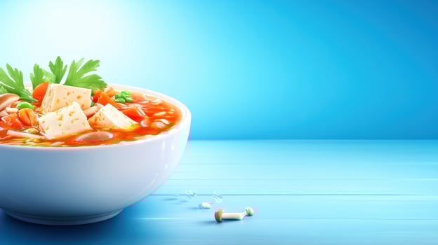 Bowl of soup with tofu, vegetables, and mushrooms on blue wood for advertising and food blog photo