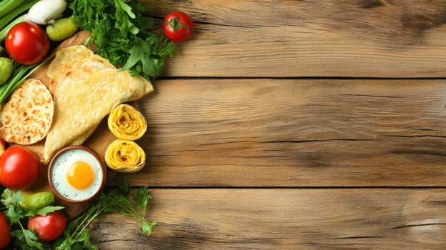 Breakfast food, herbs, and vegetables arranged on a wooden surface for restaurant advertising photo