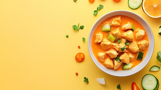 Chicken curry served in a bowl on bright surface, with vegetables food photography for cookbook photo