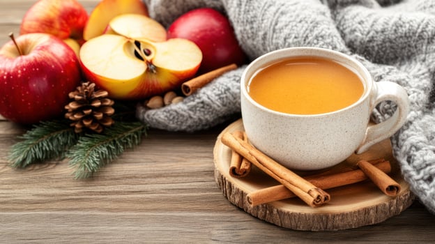 Cider cup beside apples, pine cones and soft knitted fabric on wooden surface. Still life, autumn photo