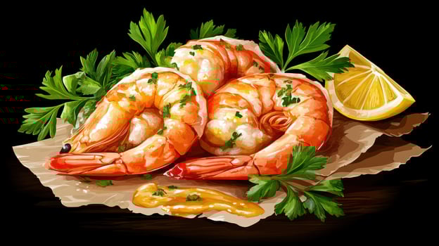 Cooked shrimp plated with parsley and lemon. Appetizer preparation for culinary presentation photo