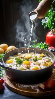 Cooking broth. Ladle pouring liquid into a hot vegetable egg soup in a kitchen for food blog or recipe photo
