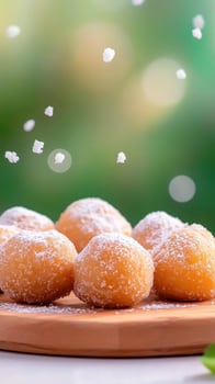 Delicious donuts with icing sugar on a plate, served in a bright outdoor setting photo
