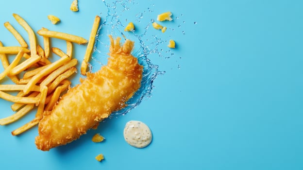 Delicious fish and chips with dip, splashing on blue background. Ideal for restaurant menu photo