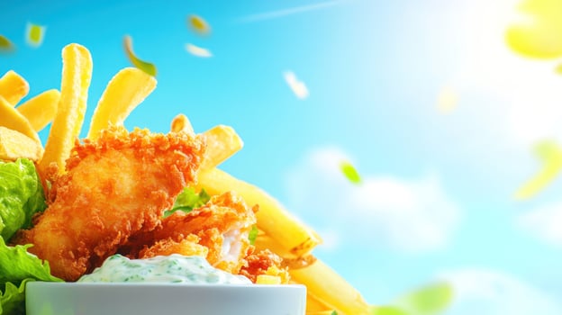 Fish and chips, delicious meal served with sauce, against blue sky catering, restaurant menu photo