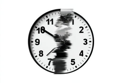Glitched clock face displaying reversed numbers and distorted time representation photo
