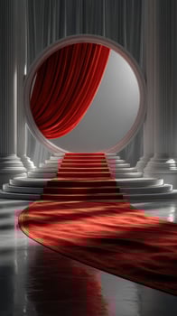 Creative entrance design featuring red carpet and round curtain structure in a luxurious setting photo