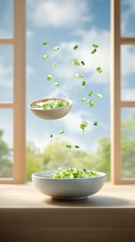 Green onion slices falling into bowl on sill against the backdrop of a sunny sky, for healthy eating photo