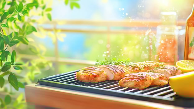 Grilled chicken and lemon on the grill. Summer cooking in the backyard. Family barbecue photo