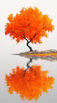 Vibrant orange tree reflecting in calm water during autumn season at a tranquil lakeside photo