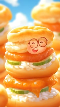 Happy sushi burger stack with rice, fish, and cucumber against blue sky, for food-themed social media photo