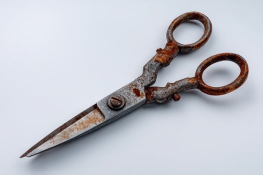 Old dull scissors with bent blades resting on a clean surface photo