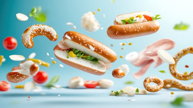 Hotdogs and pretzels floating with food. Concept advertising fast foods, recipes or cuisine photo